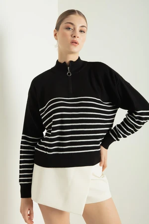 Lafaba Women's Black Zippered Long Sleeve Knitwear Sweater