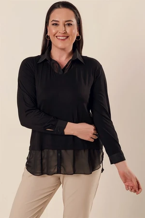 By Saygı Chiffon Detailed Shirt Collar Comfortable Cut, Plus Size Blouse Black.