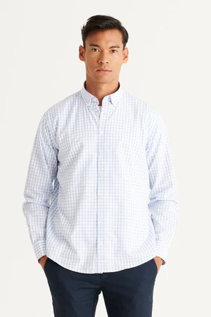 AC&Co / Altınyıldız Classics Men's White-Blue Comfort Fit Comfy Cut Buttoned Collar Cotton Check Shirt.