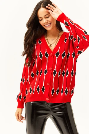 Olalook Women's Red Diamond Pattern Oversize Knitwear Cardigan