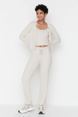 Trendyol Beige Corduroy Bluzka Cardigan Spodnie Dzianina Bottom-Top Suit