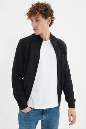 Trendyol Black Slim Fit Half Turtleneck Textured Zipper Wool Blended Knitwear Cardigan