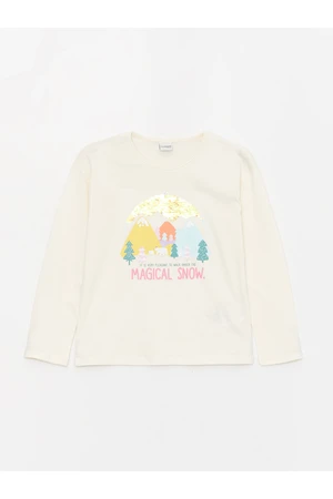 LC Waikiki Girl's T-Shirt with a Crew Neck Printed Long Sleeve