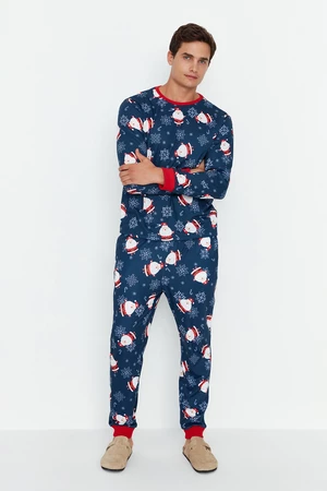 Trendyol Navy Blue Men's Regular Fit Knitted Pajamas Set, Family Combination.