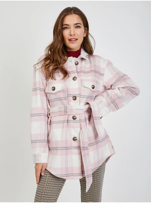 White-pink ladies plaid shirt jacket with tie ORSAY - Ladies