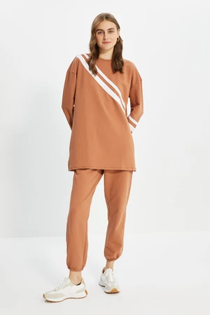 Trendyol Camel Front Pile Knitted Tracksuit Set