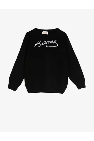 Koton Boy's Black Cotton Crew Neck Atatürk Printed Sweater