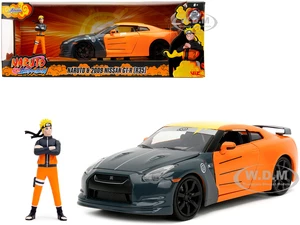 2009 Nissan GT-R (R35) Orange and Dark Gray with Yellow Top and Graphics and Naruto Diecast Figure "Naruto Shippuden" (2009-2017) TV Series "Anime Ho