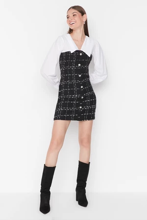 Trendyol Black A-line inggalléros Tweed Mini szőtt ruha