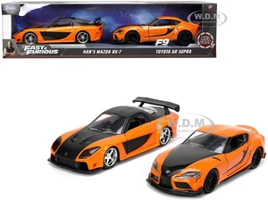 Hans Mazda RX-7 Orange Metallic and Matt Black and Toyota GR Supra Orange Metallic with Black Hood Set of 2 pieces "Fast &amp; Furious" Series 1/32 D