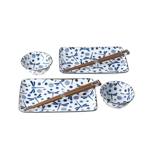 6-dielny set modro-bieleho keramického riadu na sushi MIJ Blue Dragonfly