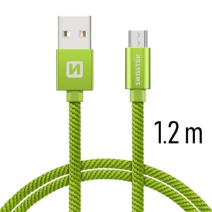 Adatkábel Swissten textil Micro-USB konnektorral, gyorstöltés támogatással, Green
