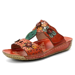 Socofy Casual Vacation Hollow Out Flowers Decoration Bohemian Backless Slip On Sandals For Women