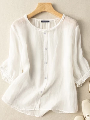 Lettuce Edge Crew Neck Solid Button 3/4 Sleeve Blouse