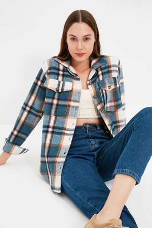 Trendyol Blue Plaid Oversize/Creature Woven Shirt