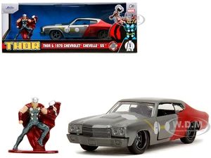 1970 Chevrolet Chevelle SS Gray Metallic and Red Metallic with Black Hood and Thor Diecast Figure "The Avengers" "Hollywood Rides" Series 1/32 Diecas
