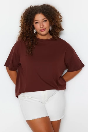 Trendyol Curve Brown Crew Neck Back Printed Knitted T-shirt