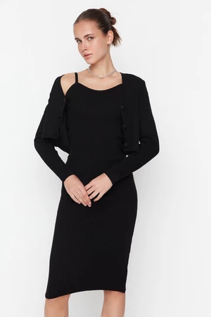 Trendyol Black Čierny vypasovaný midi úplet Cardigan Dress Suit