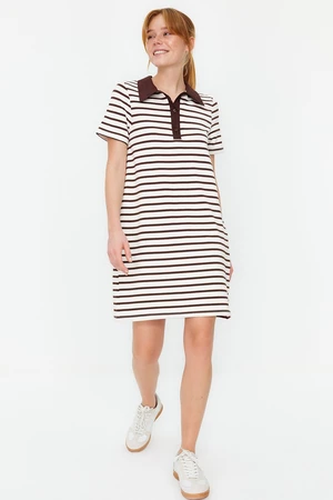 Trendyol Brown and White Striped Polo Neck A-Line/A-Line Form Knitted Dress