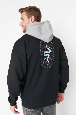 Trendyol Black Oversize/Wide-Fit Hooded Text Printed Fleece Inside Sweatshirt