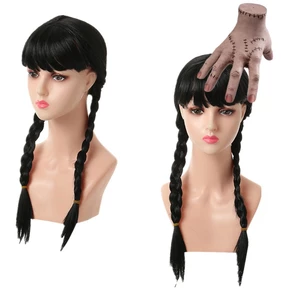 Wednesday Cosplay Accessories Wig Long Black Braids Hair Heat Resistant Synthetic Wigs with Bangs for Halloween Party