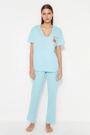 Trendyol Light Blue 100% Cotton Wide Fit T-shirt-Pants with Pockets Printed Knitted Pajamas Set