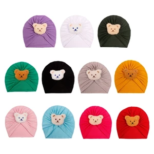 Solid Color Baby Cap Newborn Baby Unisex Soft Cap Cotton Beanie Hat with Bear Patter for 0-2 Years Old Baby Newborn