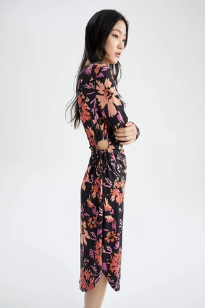 DEFACTO Slim Fit Patterned Cut Out Detailed Long Sleeve Maxi Dress