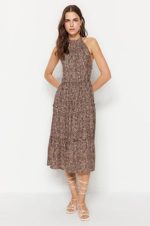 Trendyol Brown Flounce Midi Woven Animal Patterned Woven Dress