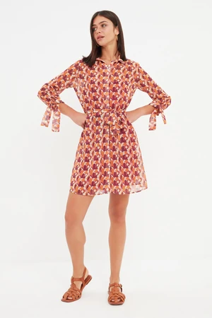 Trendyol Brown Belted Patterned Shirt Dress