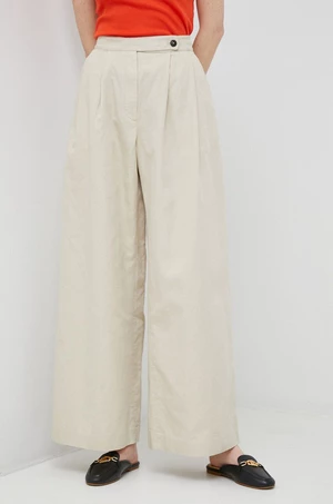 Sukňa s prímesou ľanu Tommy Hilfiger béžová farba, široké, vysoký pás