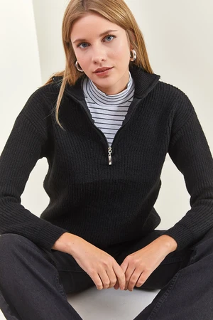 Bianco Lucci Women's Zippered Turtleneck Oversized Knitwear Sweater