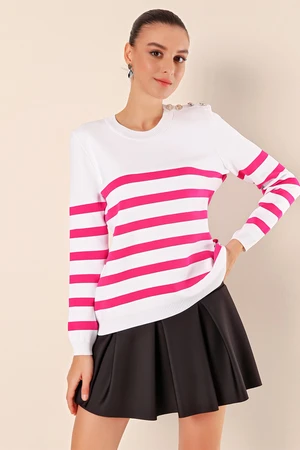 Bigdart 15820 Button Detail Striped Sweater - C. Fuchsia