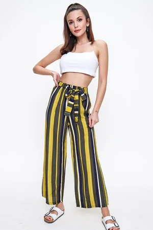 By Saygı Elastic Waist Striped Viscose Trousers Green