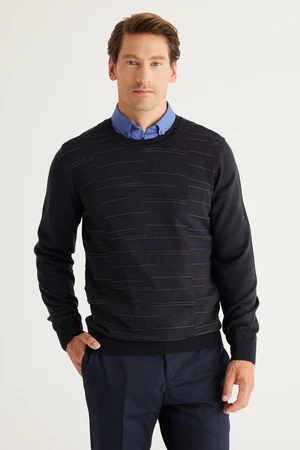 ALTINYILDIZ CLASSICS Men's Navy Blue-Anthracite Standard Fit Normal Cut Crew Neck Knitwear Sweater.