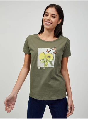 Khaki T-shirt with ORSAY print - Women