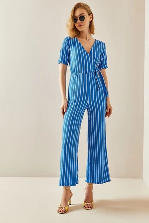 XHAN Turquoise Double Breasted Collar Striped Jumpsuit