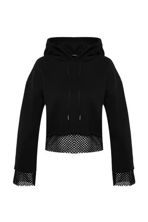 Trendyol Black Thick Fleece Inner Mesh Detailed Hooded Comfort-Cut Crop Knitted Sweatshirt