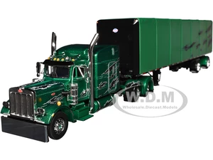 Peterbilt 359 with 63" Mid-Roof Sleeper and Utility Roll Tarp Trailer Green Metallic with Black Graphics 1/64 Diecast Model by DCP/First Gear