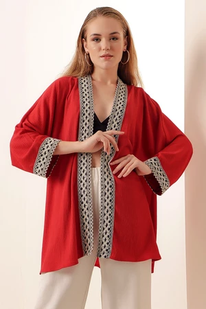 Bigdart 05866 Embroidered Knitted Kimono - Red