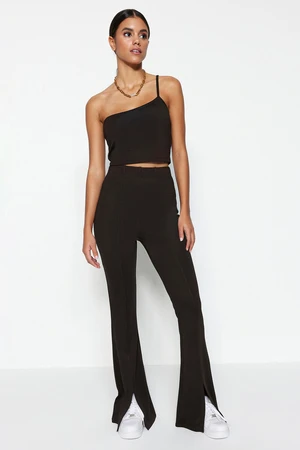 Trendyol Dark Brown One-Shoulder Crop and Hem with a Slit Flare Knitted Top and Bottom Set