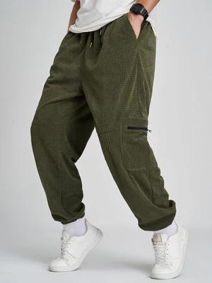 Mens Solid Color Zip Pocket Corduroy Drawstring Cargo Pants