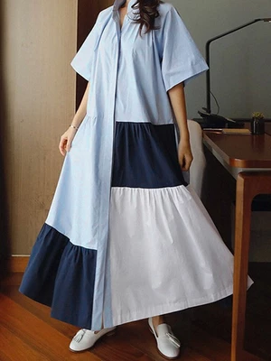 Women Contrast Color Stitching Stand Collar Button Short Sleeve Shirt Dress
