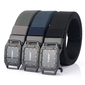 TUSHI Punch Free Automatic Buckle Breathable Nylon Waist Belts Tactical Belt Leisure Metal Press Buckle Belt Men's Waist