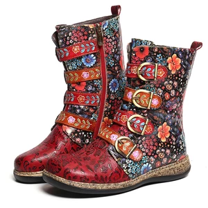 Socofy Women Retro Printed Metal Buckle Genuine Leather Zipper Ankle Boots