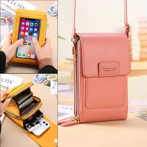 Women Multi-slots Flap Magnetic Button Stitch Detail Crossbody Bag Multi-pockets Touch Screen On The Back 7 Inch Phone B