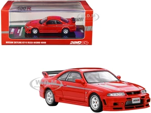 Nissan Skyline GT-R (R33) Nismo 400R RHD (Right Hand Drive) Super Clear Red II with Silver Stripes 1/64 Diecast Model Car by Inno Models