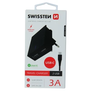 Gyorstöltés Swissten Smart IC 3.A s 2 USB konektorral + Adatkábel USB / USB-C 1,2 m, fekete