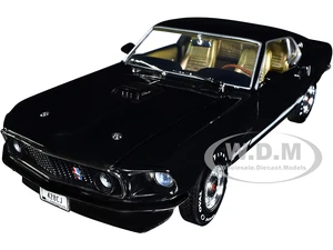 1969 Ford Mustang GT Raven Black with White Stripes and Gold Interior 1/18 Diecast Model Car by Auto World