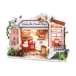 Robotime Rolife Wooden Flowery Ice Cream Shop DIY Handmade Miniature Doll House with Furnitures LED Lights Toys for Kids